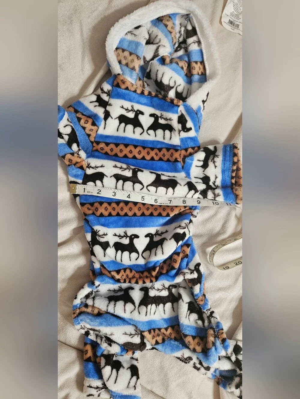 Reindeer Print Fleece Dog Pajamas - Blue, White, Black, Tan